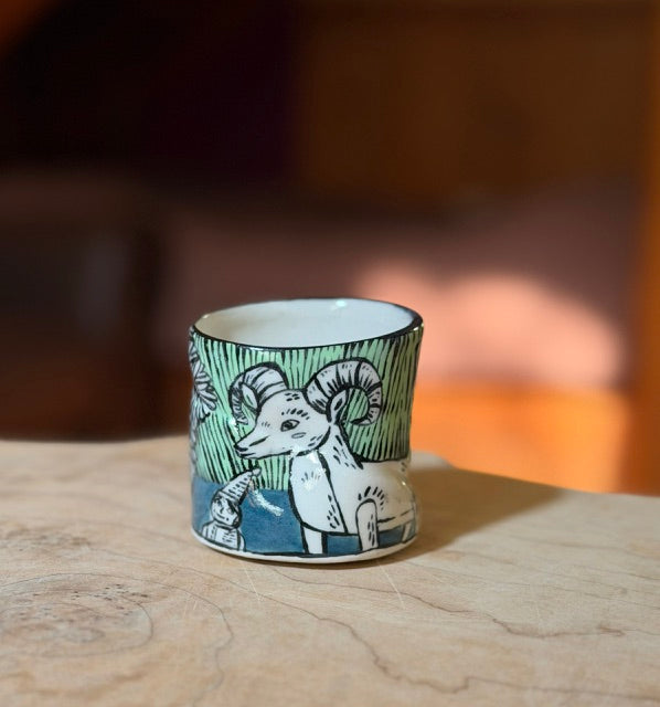 original cup GREAT HORNED SHEEP AND GNOME