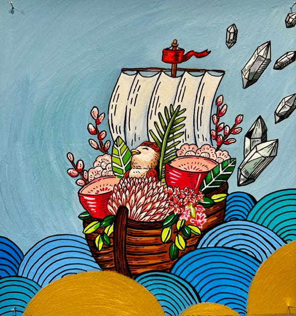 original painting CHICKEN IN TREASURE SHIP