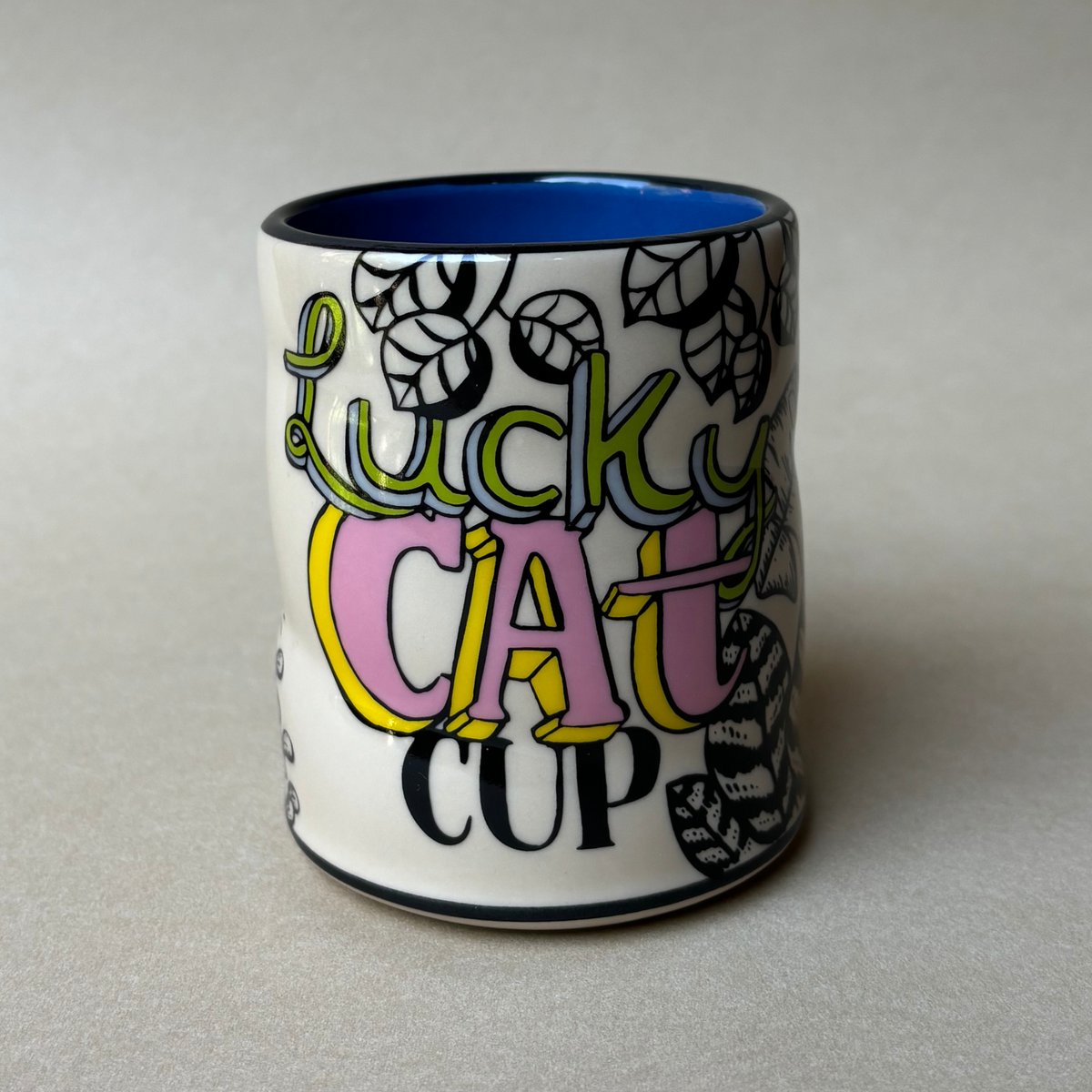 Lucky Cat Cup with Houseplants by The Bowl Maker - Back - Coffee Mug