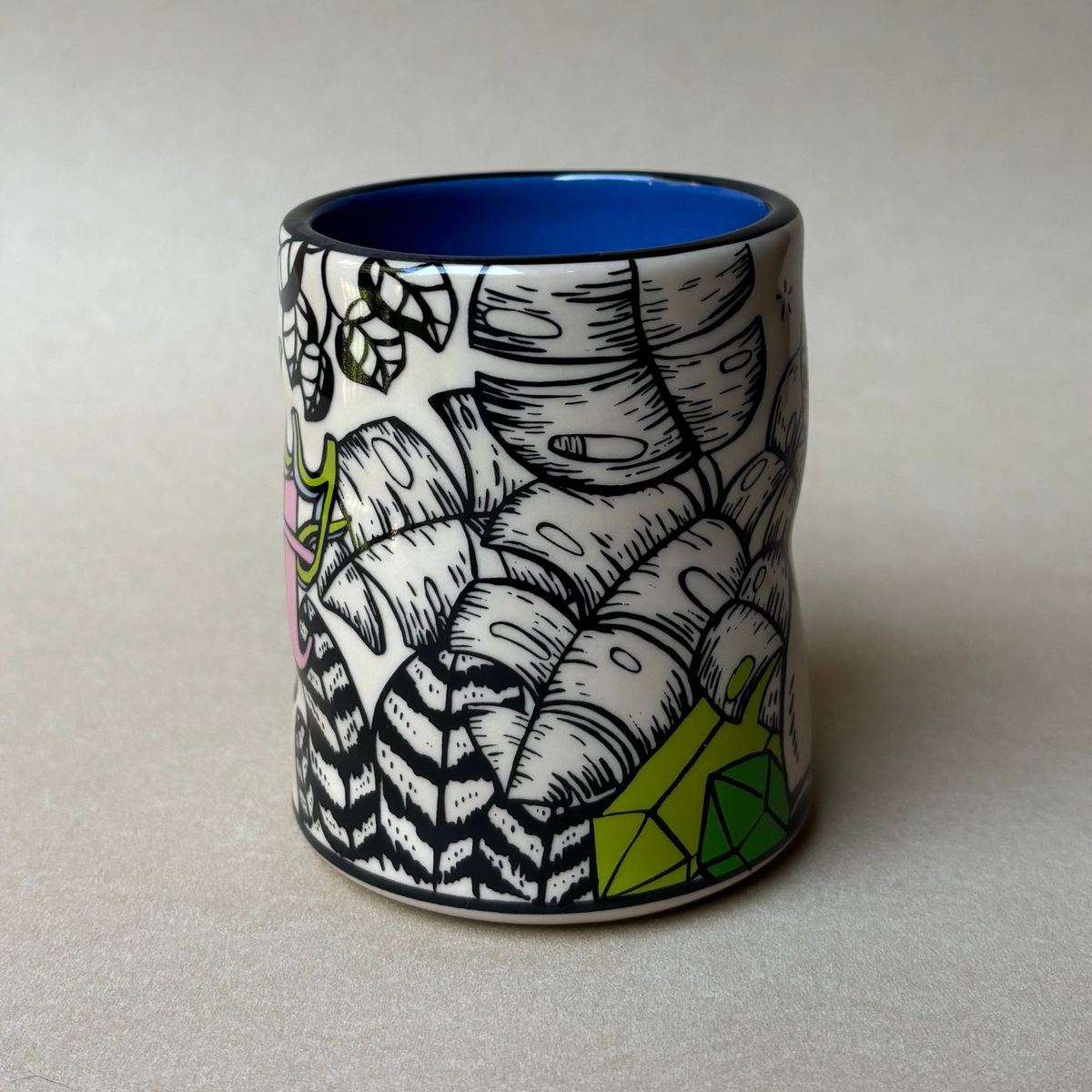 Lucky Cat Cup with Houseplants by The Bowl Maker - Side - Ceramic Coffee Mug