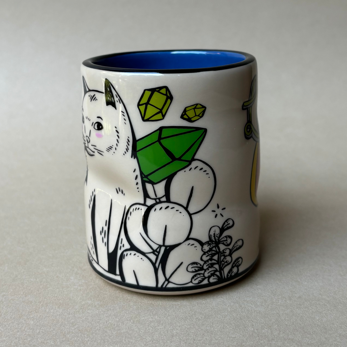 Lucky Cat Cup with Houseplants by The Bowl Maker - Side 2 - Ceramic Coffee Mug
