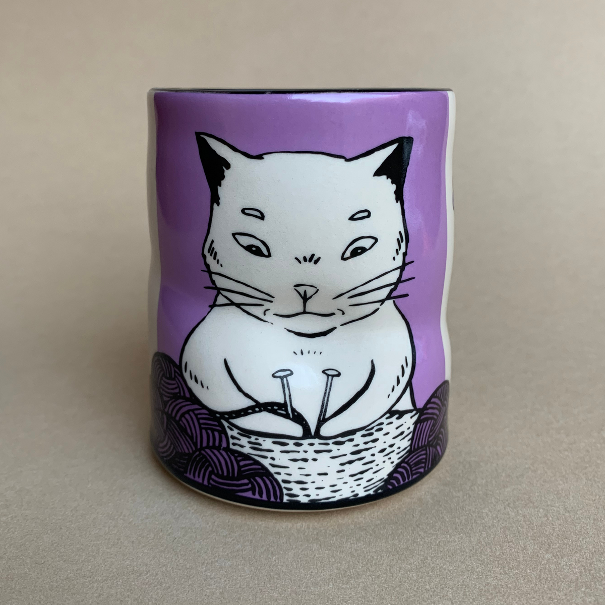 Lucky Cat Knitting Cup by The Bowl Maker - Ceramic Coffee Tea Mug - Front